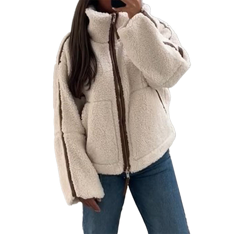 Women's cozy teddy fleece jacket with high collar and comfortable cut NOVAE