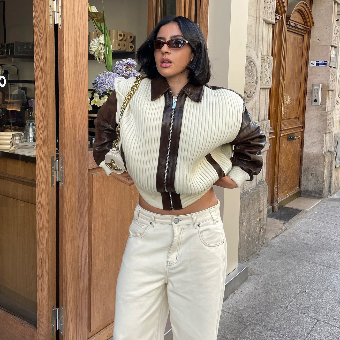 Women's oversized cardigan with leather sleeves and modern accents NOVAE