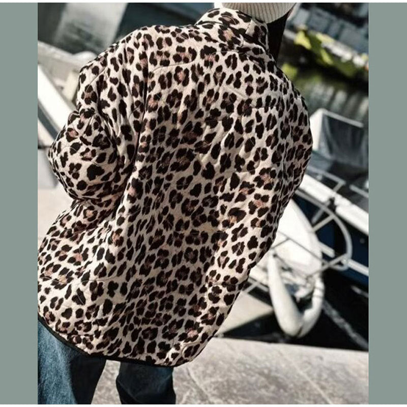 Women's fashionable quilted jacket with leopard print and pockets NOVAE