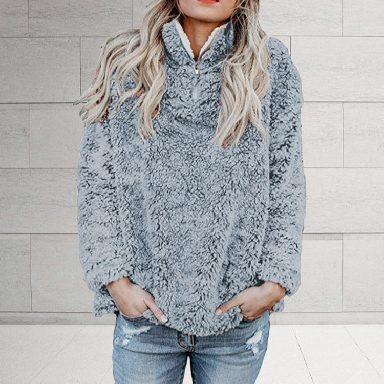 Women's Fluffy Fleece Pullover Jacket with High Collar and Zipper NOVAE