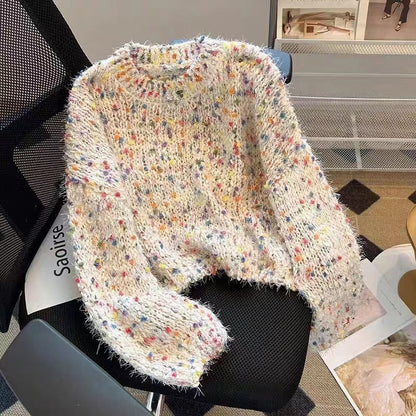 Women's fashionable sweater with colorful textured knit and round neckline NOVAE