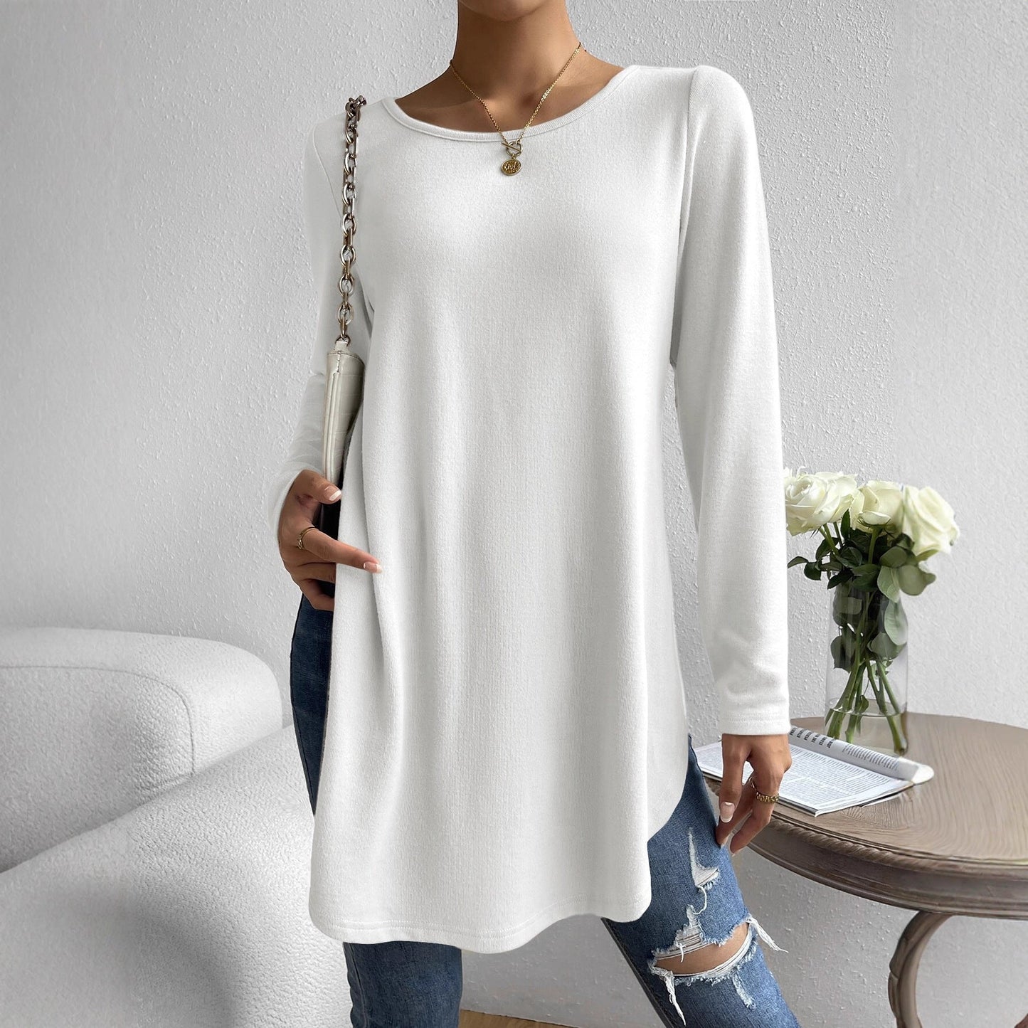 Women's casual long-sleeved T-shirt with asymmetrical hem and comfortable round neckline NOVAE