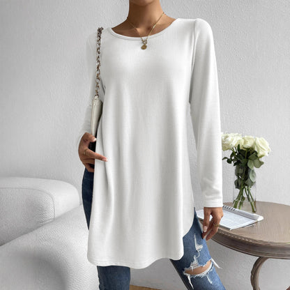 Women's casual long-sleeved T-shirt with asymmetrical hem and comfortable round neckline NOVAE