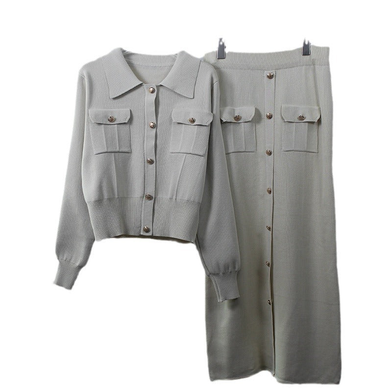Women's structured knit ensemble with decorative pockets and button placket NOVAE