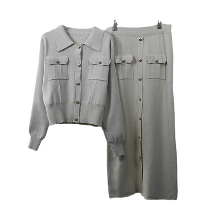 Women's structured knit ensemble with decorative pockets and button placket NOVAE