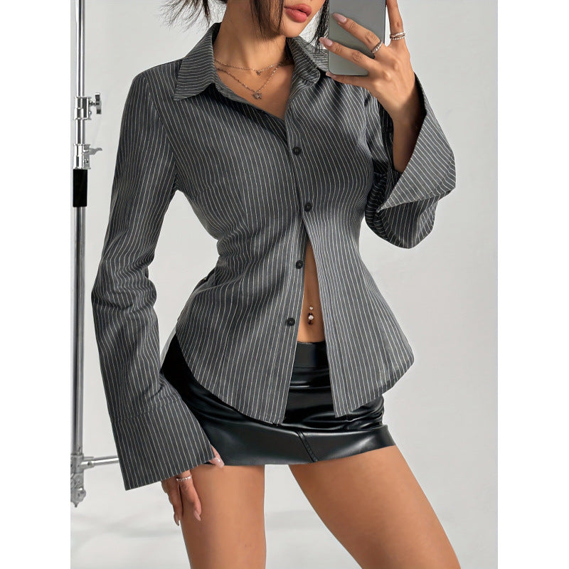 Women's elegant shirt blouse with striped design and wide flared sleeves NOVAE