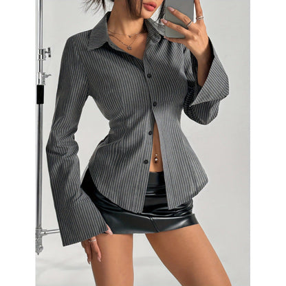 Women's elegant shirt blouse with striped design and wide flared sleeves NOVAE