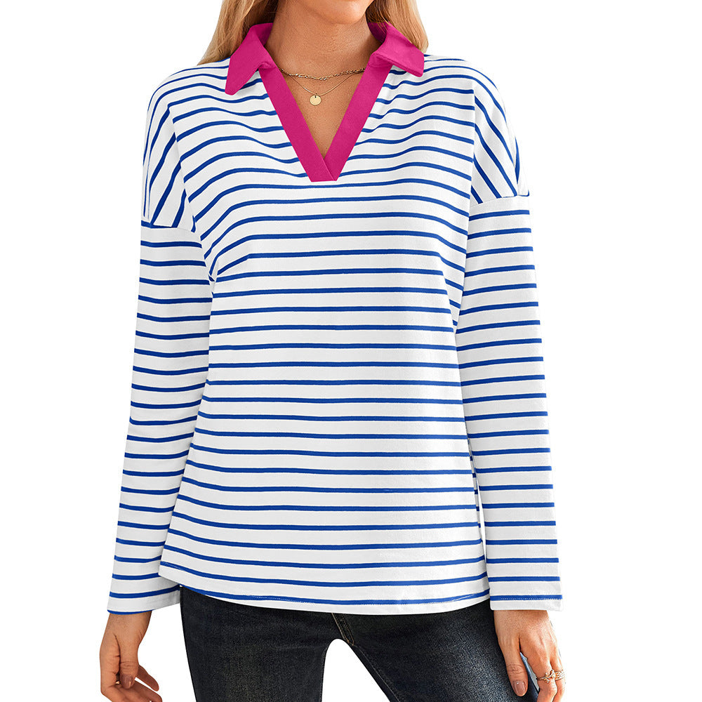 Women's striped polo shirt with V-neck and contrasting collar NOVAE