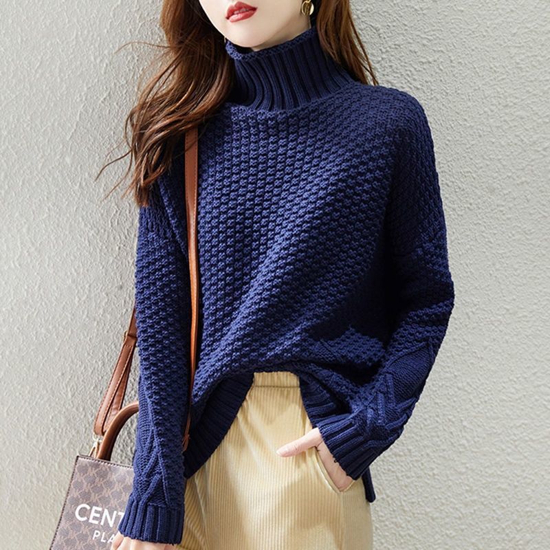 Women's chunky knit sweater with high collar and textured design NOVAE