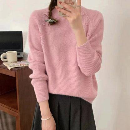 Women's chunky knit sweater with modern stand-up collar and button details NOVAE