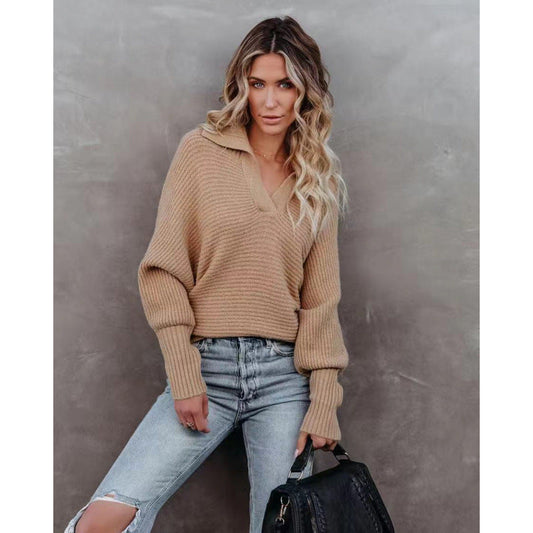 Women's fashionable sweater with wide collar and ribbed texture NOVAE