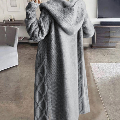 Women's knitted coat with hood and cable knit pattern NOVAE