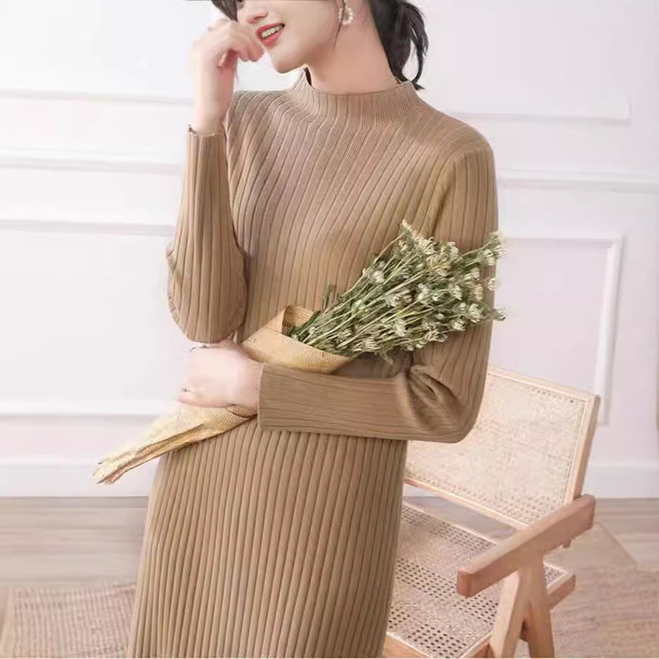 Women's knit dress with fine ribbing and high collar NOVAE