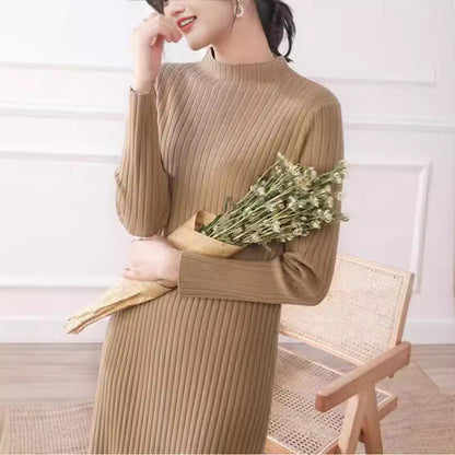 Women's knit dress with fine ribbing and high collar NOVAE