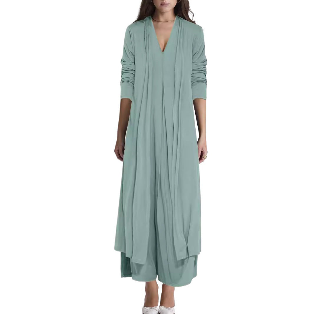 Women's elegant long jacket with deep V-neck and flowing cut NOVAE