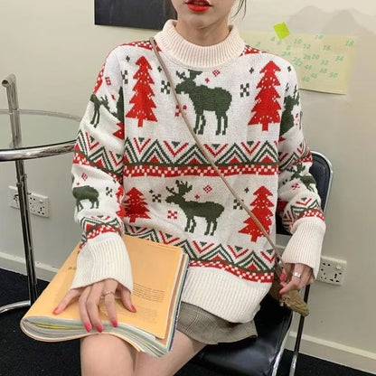 Women's chunky knit sweater with festive reindeer motif and round neckline NOVAE