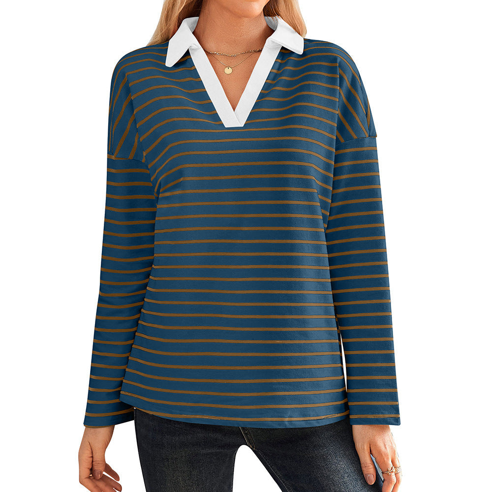 Women's striped polo shirt with V-neck and contrasting collar NOVAE