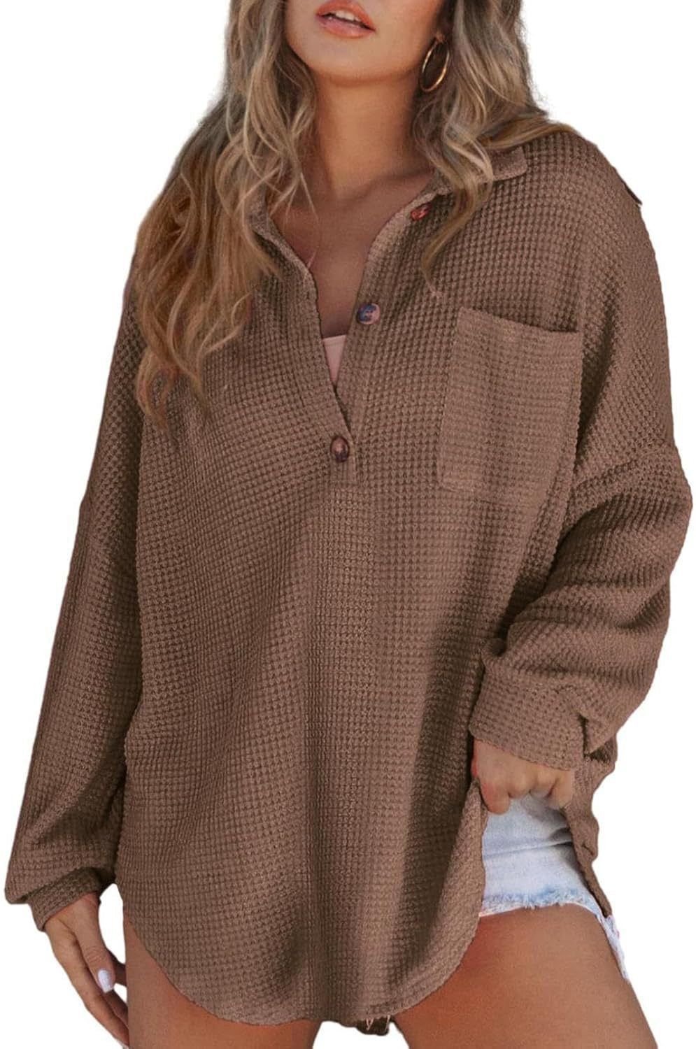 Women's casual waffle knit top with button placket NOVAE