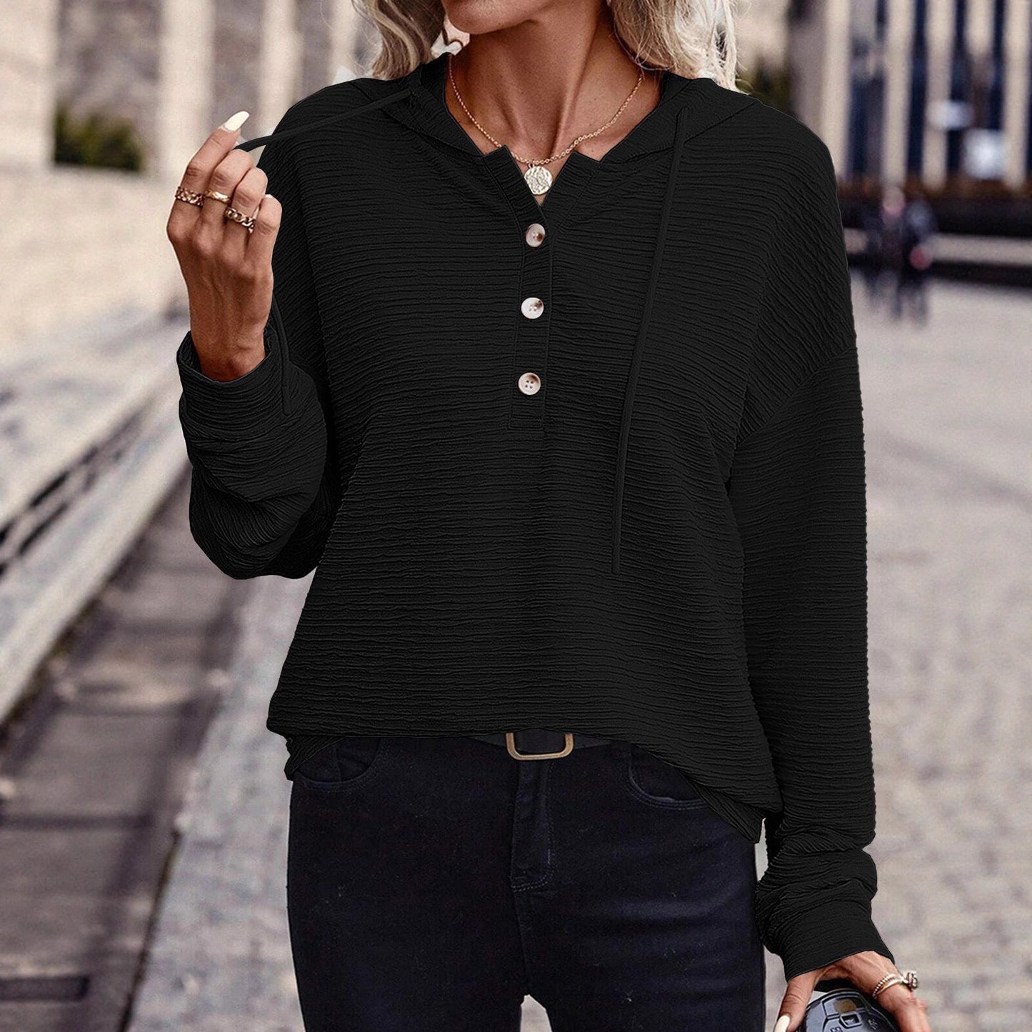 Women's hooded shirt with button placket and textured surface NOVAE