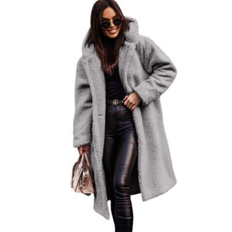 Women's cozy teddy coat with hood and button closure NOVAE