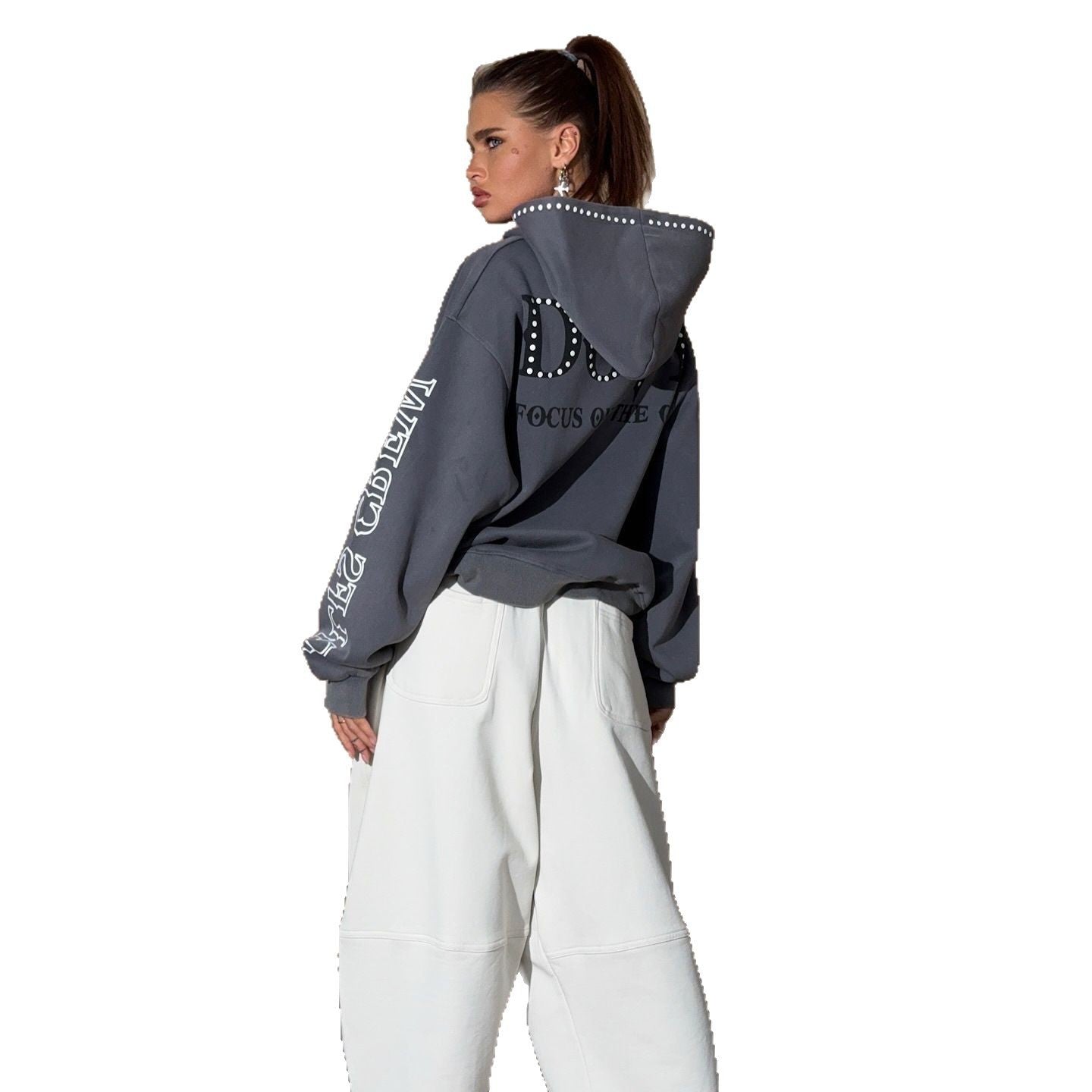 Women's oversized hoodie with eye-catching rhinestone embellishment and creative sleeve prints NOVAE