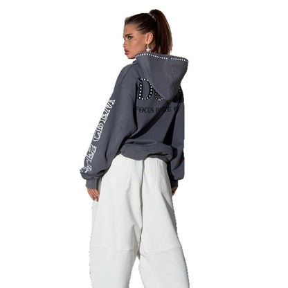 Women's oversized hoodie with eye-catching rhinestone embellishment and creative sleeve prints NOVAE