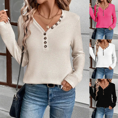 Women's waffle-textured long-sleeved shirt with button placket NOVAE