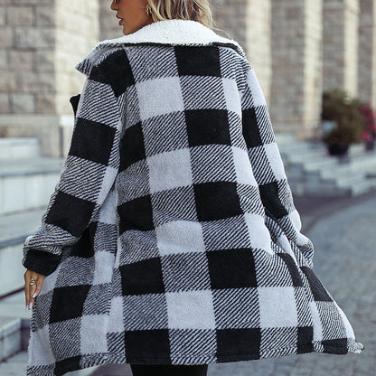 Women's fashionable plush coat with check pattern and soft lining NOVAE