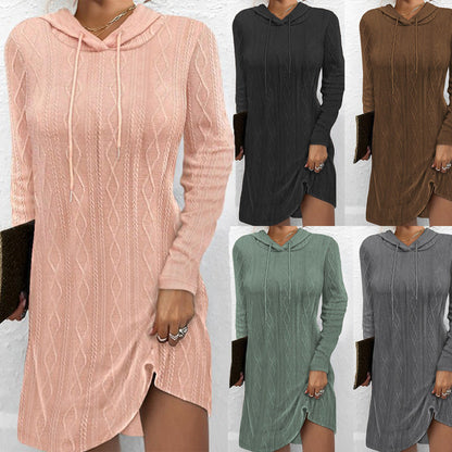 Women's hoodie dress with side slit and cable knit pattern NOVAE