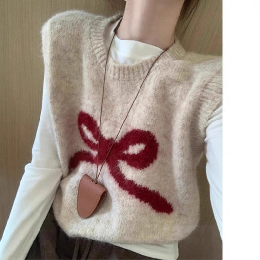 Women's Cozy Knit Vest with Playful Bow Motif NOVAE