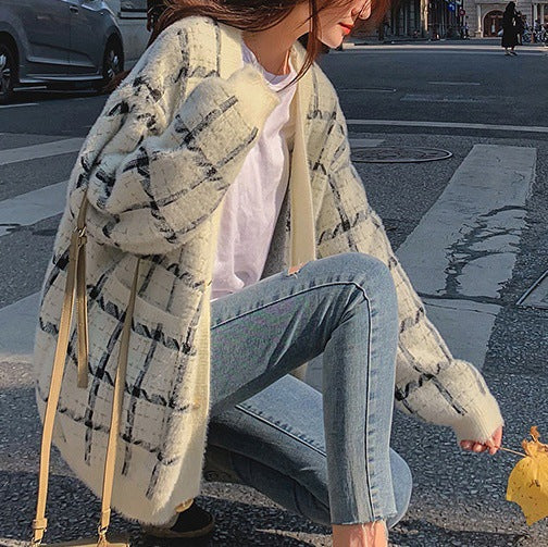 Women's Cozy Oversized Knit Cardigan with Check Pattern NOVAE