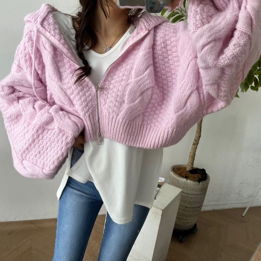 Women's Short Knit Sweater with Cable Pattern and Hood NOVAE