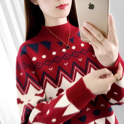 Women's festive knit sweater in a modern Christmas design with a geometric pattern and comfortable round neckline NOVAE