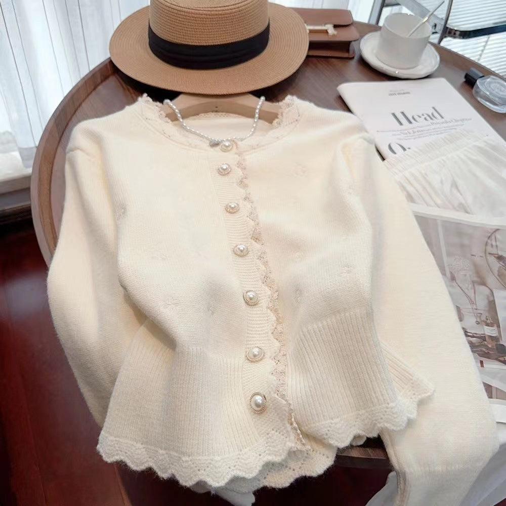 Women's cardigan with decorative pearl buttons and delicate ribbed texture NOVAE