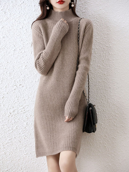 Women's knitted dress in an elegant ribbed design with a high collar NOVAE