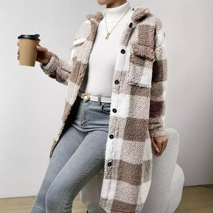 Women's teddy sweater jacket with checkered pattern and practical pockets NOVAE