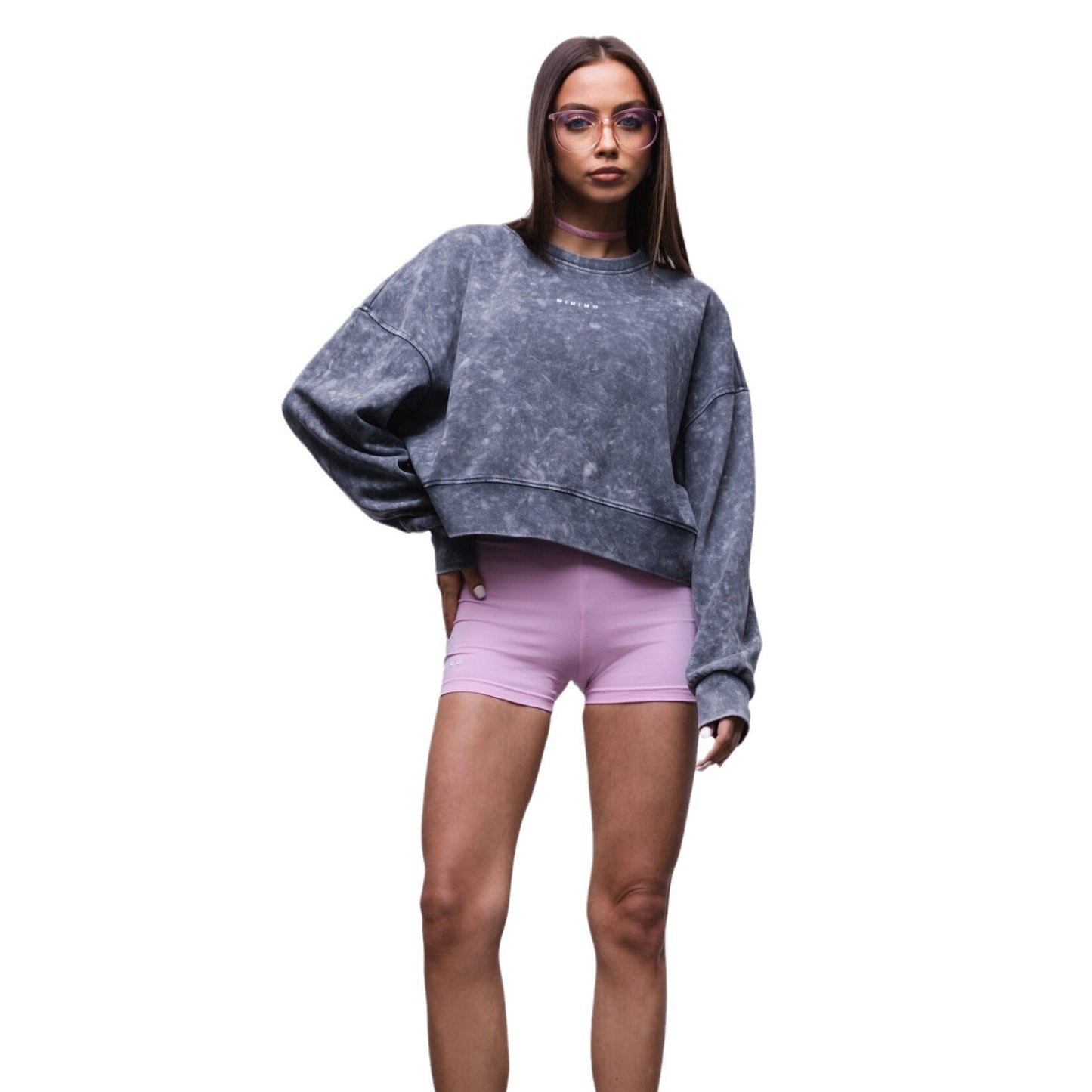 Women's cropped sweatshirt with wide sleeves and fashionable wash effect NOVAE