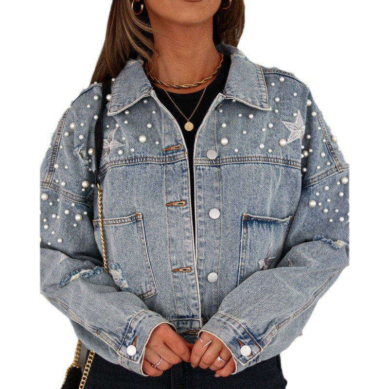 Women's denim jacket with eye-catching appliqués and oversized cut NOVAE