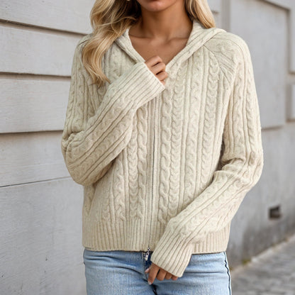 Women's hooded cardigan with detailed cable knit pattern NOVAE