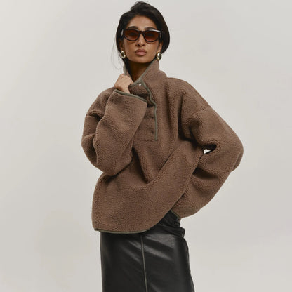 Women's Cozy Oversized Fleece Jacket with Stand-Up Collar and Snap Buttons NOVAE