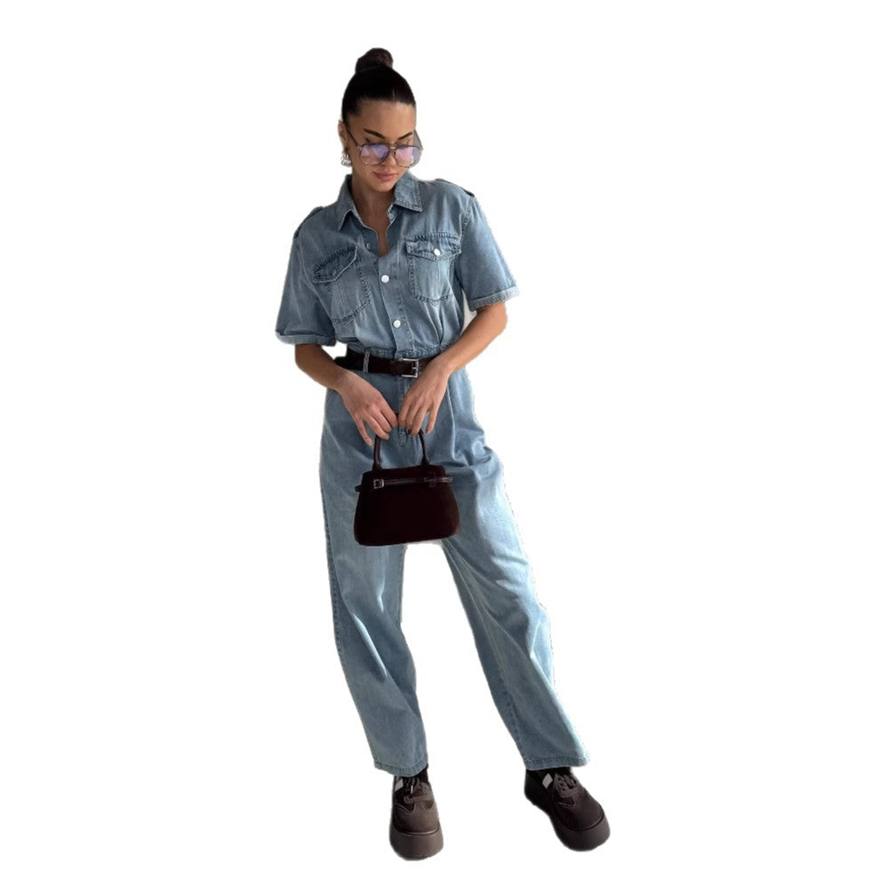 Women's denim jumpsuit with a fashionable cut and practical pockets NOVAE
