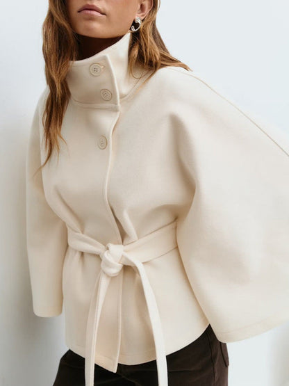 Women's elegant cape jacket with high stand-up collar and chic belt NOVAE