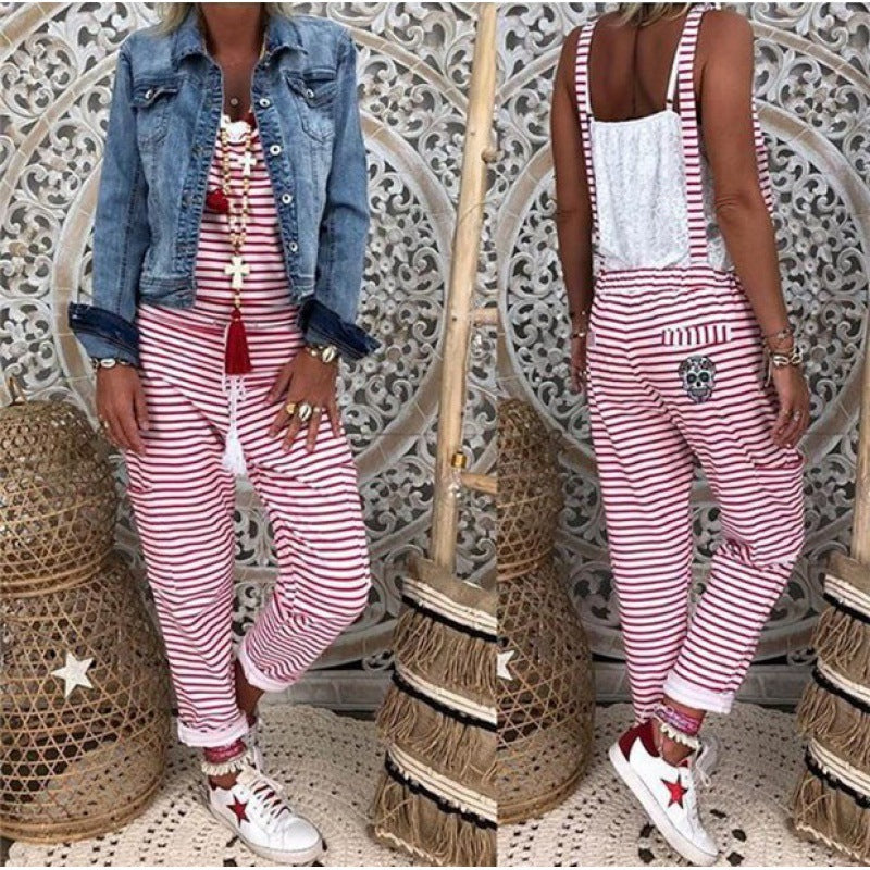 Women's Casual Jumpsuit with Off-Shoulder Ruching and Fashionable Stripe Pattern NOVAE