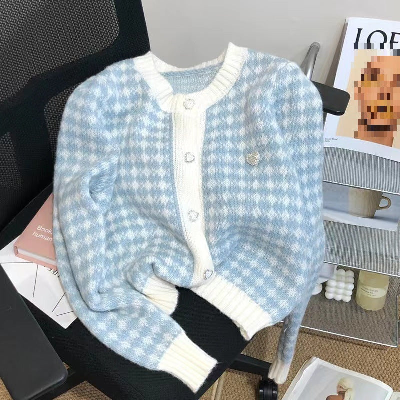 Women's soft cardigan with textured check pattern and hearts NOVAE