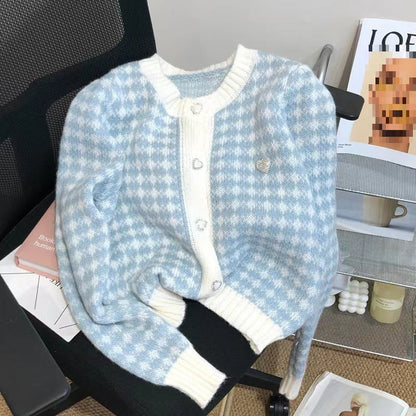 Women's soft cardigan with textured check pattern and hearts NOVAE