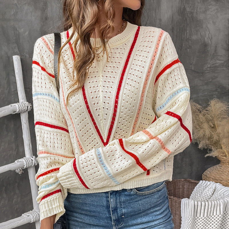 Women's knitted sweater with modern openwork pattern and decorative stripes NOVAE