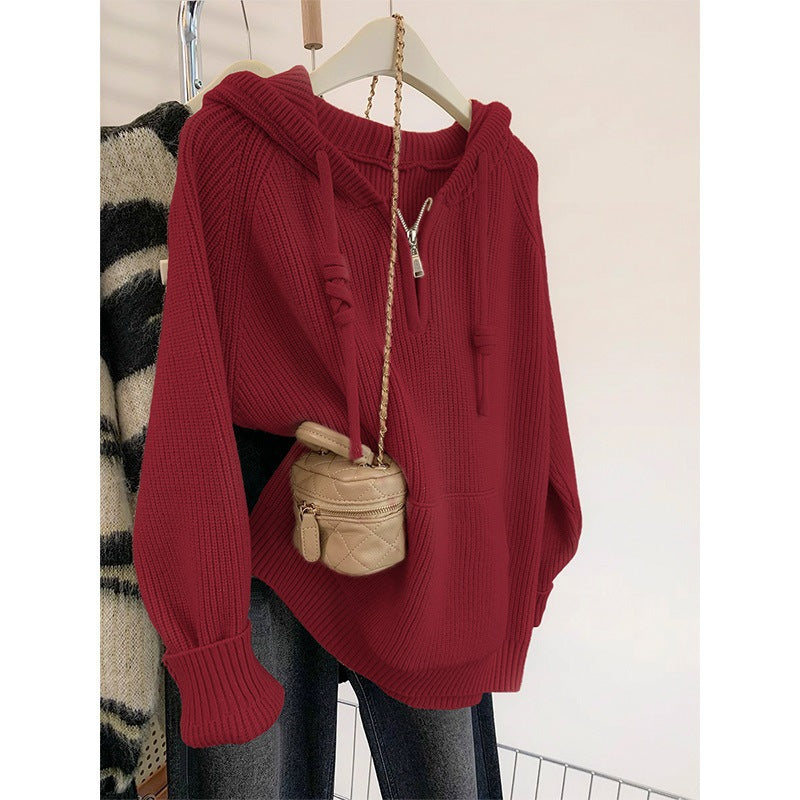 Women's Oversized Knit Sweater with Hood and Practical Zippered Pockets NOVAE