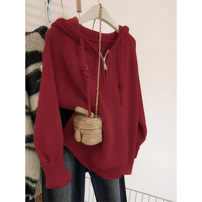 Women's Oversized Knit Sweater with Hood and Practical Zippered Pockets NOVAE