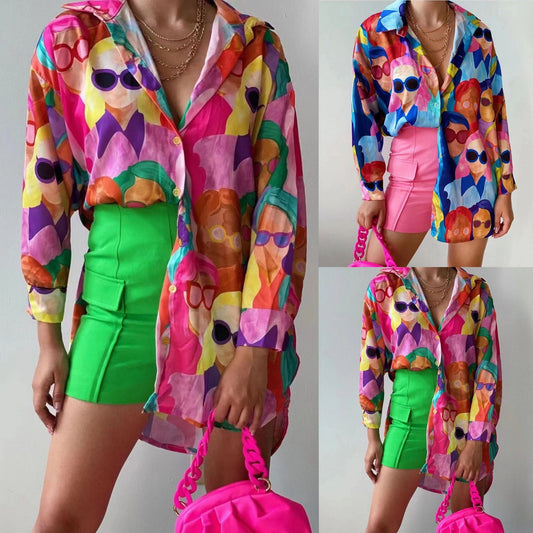 Women's Transparent Blouse with Colorful Graphic Design and Oversized Cut NOVAE