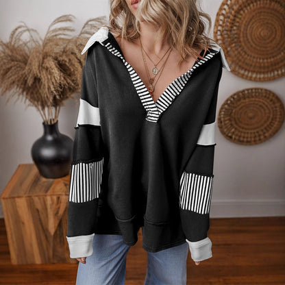 Women's casual sweater with shirt collar and striped sleeves NOVAE